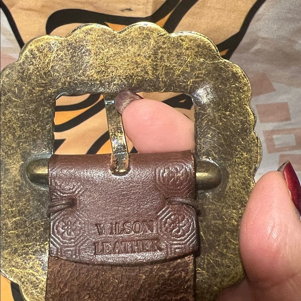 Wilson Brown Leather Belt with Gold Blue Antiqued Western Style Buckle - Picture 3 of 5